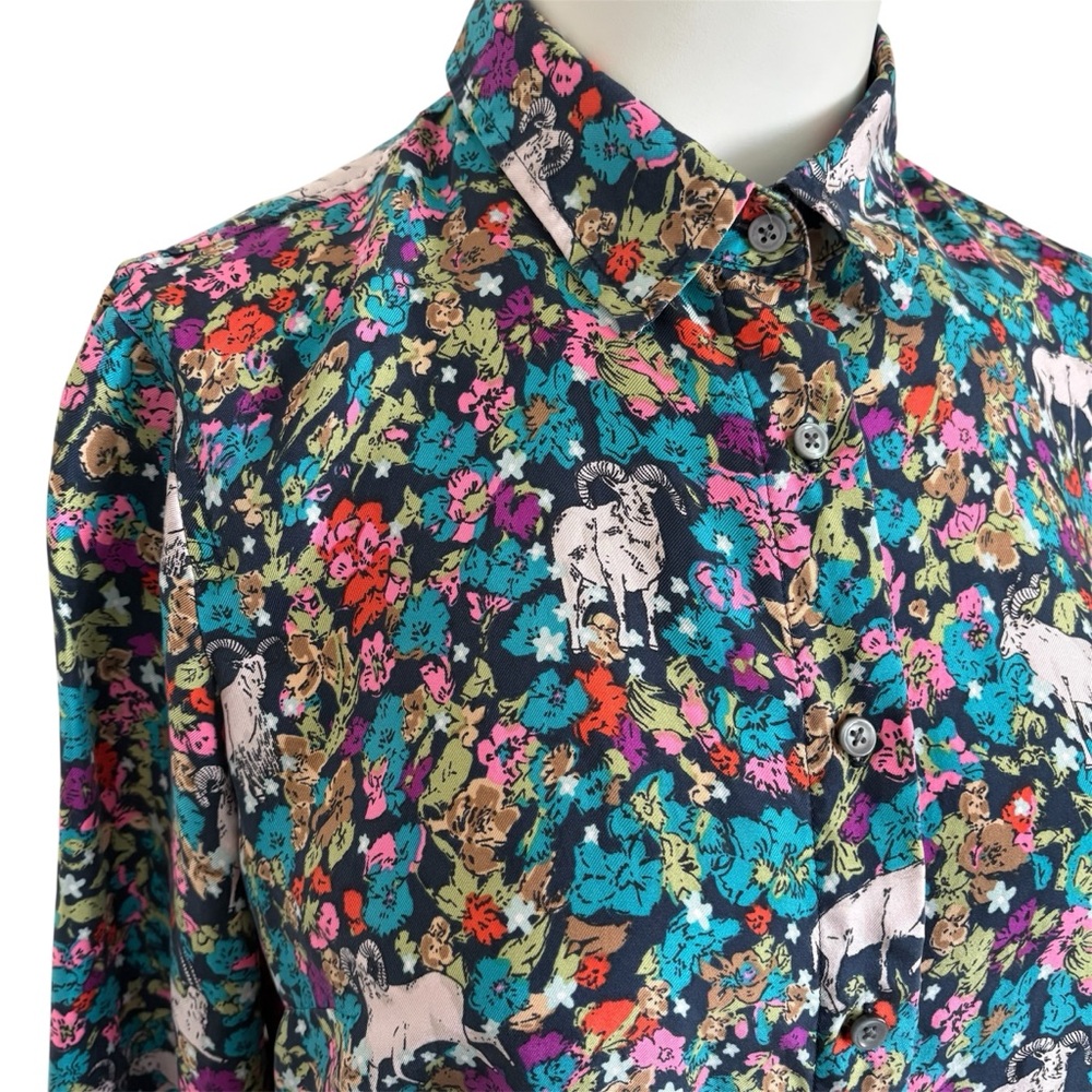 J. Crew Collection Grazing Goats 100% Silk Floral Button-Up Shirt Sz 6 Midsommar - Picture 6 of 10